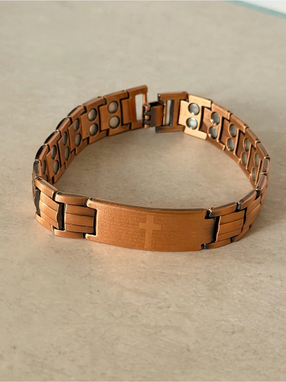 Mens Copper Magnetic Lords Prayer Our Father Engraved on Center Link Bracelet